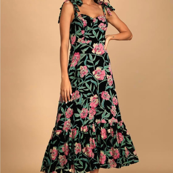 Lulus Dresses & Skirts - Lulu's Black Floral Maxi Dress with Pink & Green Print